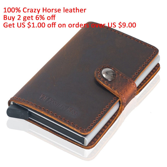 Real Crazy Horse Leather Minimalist Vintage Rfid Wallet Security men wallets Mini Aluminum Box Purse Credit Card Holder Metal