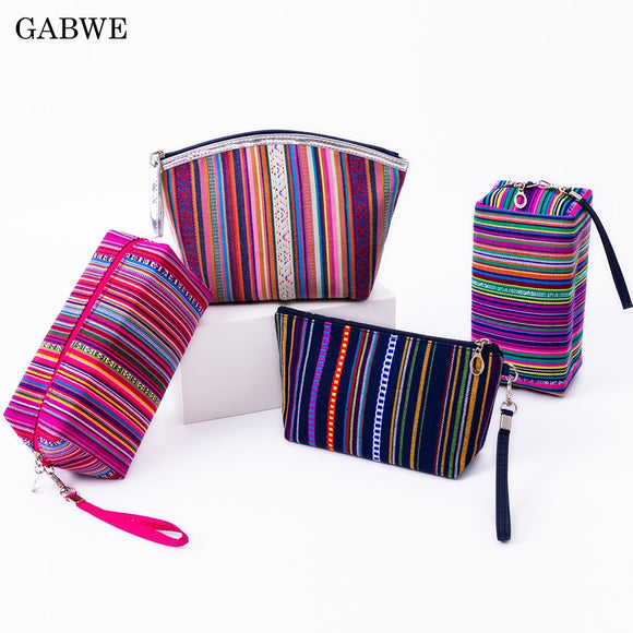 GABWE New Vintage Women Cosmetic Case Cotton Striped Retro Makeup Bag Beauty Organizer Travel Pouch Necessarie Toiletry Wash Bag